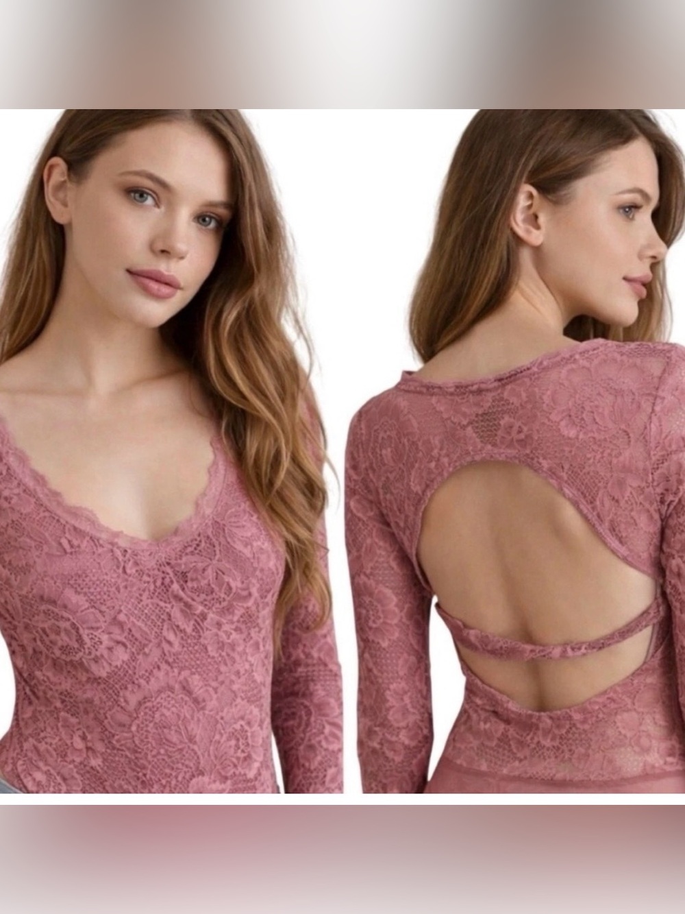 Free People Mauve Lace Long Sleeve Bodysuit with Open Back
